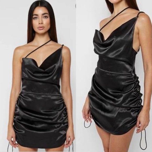 Maniere De Voir Dresses & Skirts - Black Satin Ruched Mini Dress